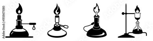 Bunsen burner lab equipment set flat design vector illustration with fire and science icons scalable graphic