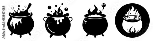 Three witch cauldrons with bubbling potions and fire vector illustration flat design icon pack