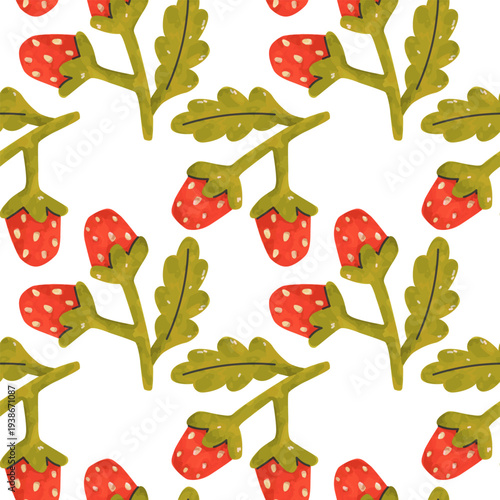 Seamless strawberry branch pattern. Hand drawn red berries and green leaves. Cute botanical summer design for fabric and packaging. Vector illustration.