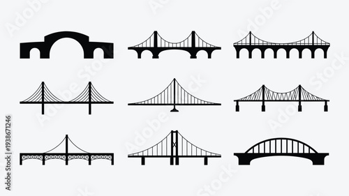 A set of black and white vector illustrations featuring different types of bridges, including suspension, arch, and beam bridges, on a light gray background, perfect for graphic design projects