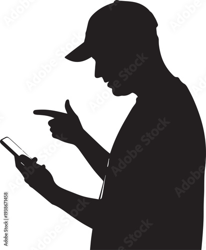 Silhouette Side View Profile of a Young Man Wearing a Baseball Cap and Pointing at Smartphone Screen
