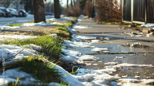 Melting snow on sidewalk with fresh green grass during sunny early spring day