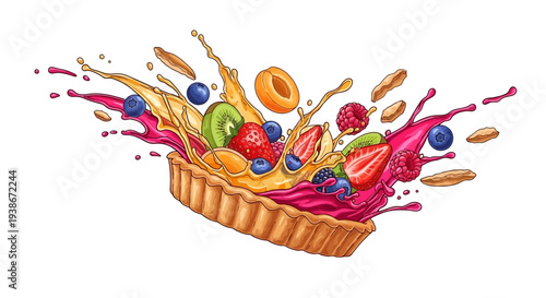 Vibrant fruit explosion in a wicker basket, splashing juice and assorted fruits, close-up illustration of a colorful dessert scene.