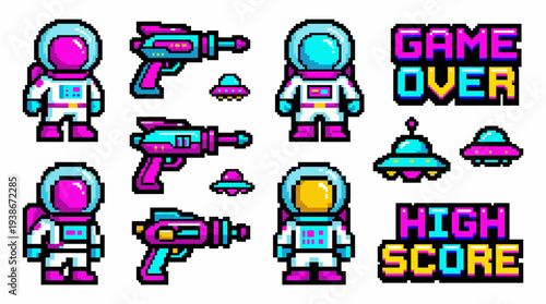 Pixel art space astronauts and guns set
