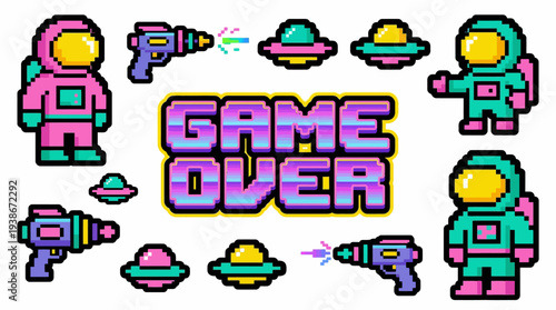 Pixel art space astronauts game over scene