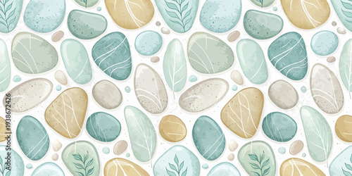Aesthetic mosaic of smooth pebbles with subtle seaweed patterns in soft pastel tones Vector