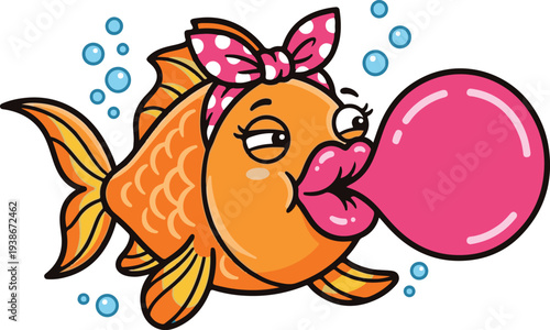 Cute fish character with bow blowing bubblegum