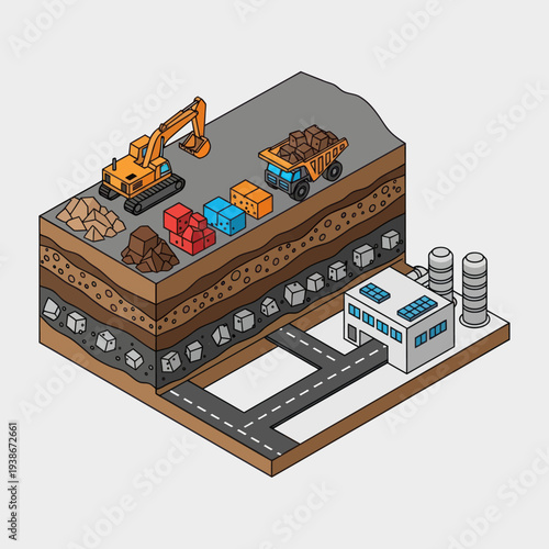 Isometric Illustration of Industrial Mining Operation Scene.
