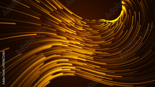 Liquid Gold Particles Swirl In Dynamic Flow. Dark Backdrop Enhances Glittering Christmas Abstract Design.
