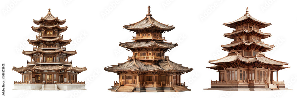 Obraz premium Set of A realistic architectural model of a red roof chinese pagoda building, detailed craftsmanship on transparent png background. Ai generated