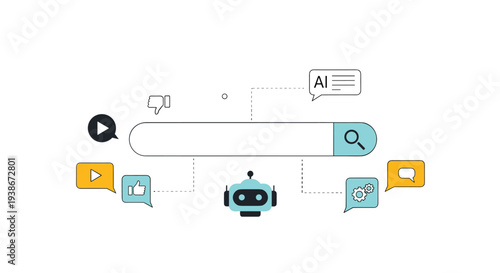 AI-powered search engine concept with a search bar and icons for user interaction machine learning and content results.