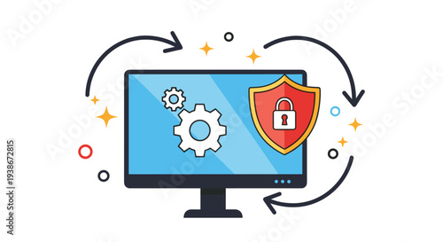 Computer system security updates and ongoing software protection with a shield and gear icons on a monitor screen.