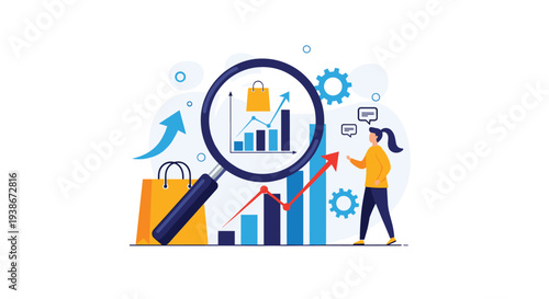 Businesswoman analyzing e-commerce sales growth and market trends with a magnifying glass over performance charts.