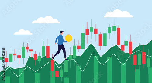 An investor walking on a bullish stock market candlestick chart holding a coin representing financial growth and success.