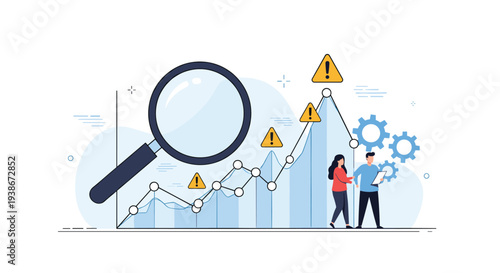 Business team analyzing market volatility and financial risk on a growth chart with a magnifying glass and warning signs.