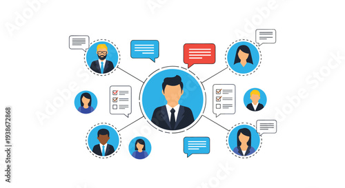 Business communication network and team collaboration concept with a manager connected to employees for project tasks.