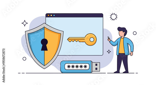 Digital security concept with user authentication using a password-protected USB key and encryption for data safety.
