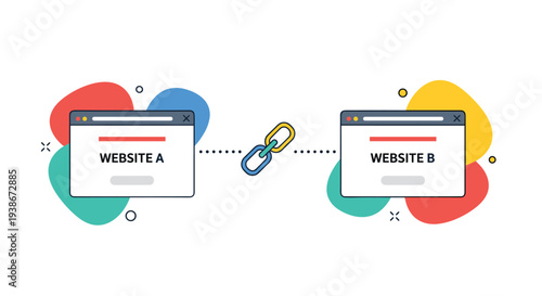 SEO link building strategy illustrated by a chain connecting two websites to improve search engine ranking and traffic.