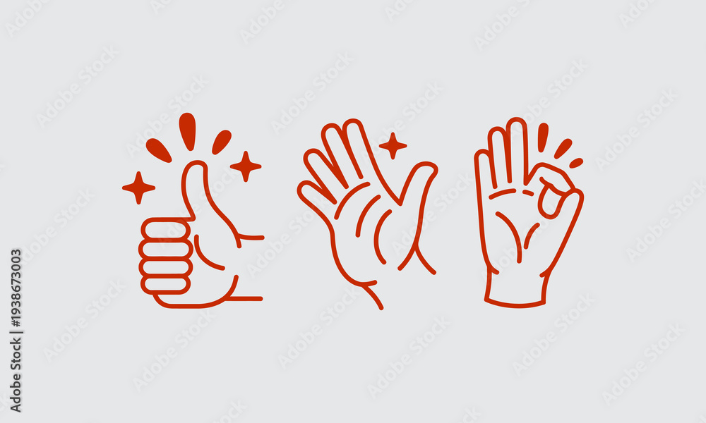 Fototapeta premium Three stylized reddish brown line art illustrations depicting different hand gestures on a light gray background