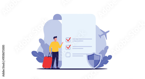 A traveler with luggage reviewing a travel insurance policy and safety checklist before an international flight.