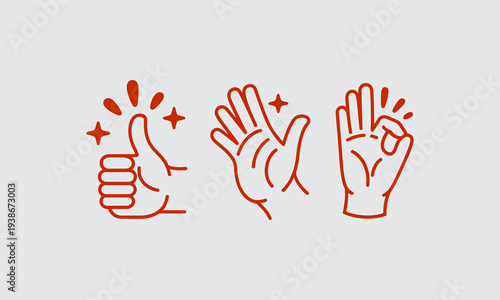 Three stylized reddish brown line art illustrations depicting different hand gestures on a light gray background
