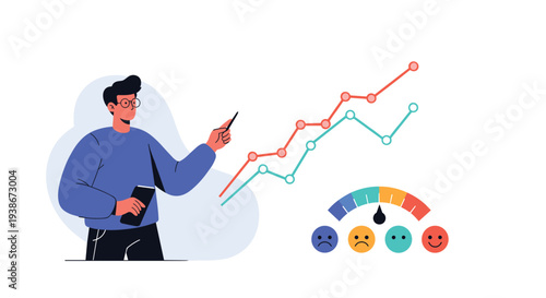 A businessman analyzing the correlation between business growth and customer satisfaction using charts and feedback meters.