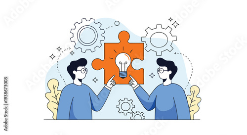 Two businessmen collaborating to find an innovative solution by connecting puzzle pieces with a lightbulb idea icon.