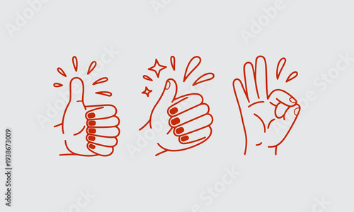 A series of three hand gestures illustrated in a simple reddish brown line art style