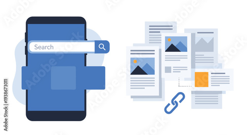 Mobile search engine indexing linked web pages and showing content results on a smartphone search results page.