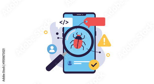 Mobile application testing and debugging with a magnifying glass finding a software bug on a smartphone screen.