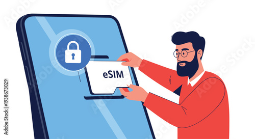 A man activating a secure eSIM or embedded SIM card on a smartphone for modern digital mobile communication.