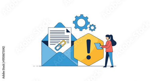 A woman identifying a malicious link in a phishing email with a security warning about potential cyber threats.