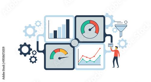 A business performance dashboard with key performance indicators or KPIs showing data analytics charts and metrics.