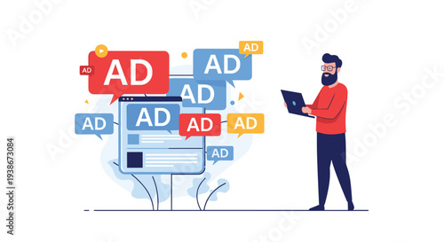 A businessman overwhelmed by excessive pop-up ads and intrusive digital advertising while working on his laptop.