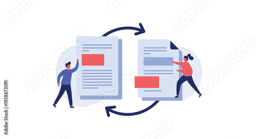 People collaborating on a project by exchanging and comparing different versions of a document for revision control.