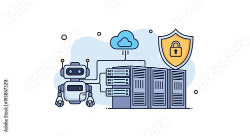 AI robot manages data transfer to a secure cloud server network with a locked shield for cybersecurity and data protection.