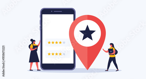 Local business reputation management concept with two women giving star ratings on a smartphone with a large location pin.