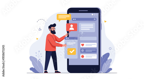 Man with beard develops or customizes a mobile application by arranging user interface elements on a large smartphone screen.