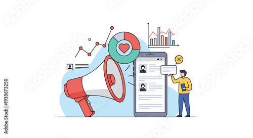 Social media influencer marketing concept with a man using a megaphone to promote a brand and analyze audience engagement.