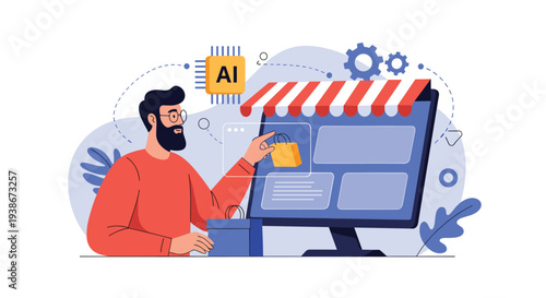 Man uses an AI-powered e-commerce platform for an enhanced online shopping experience with personalized recommendations and service.