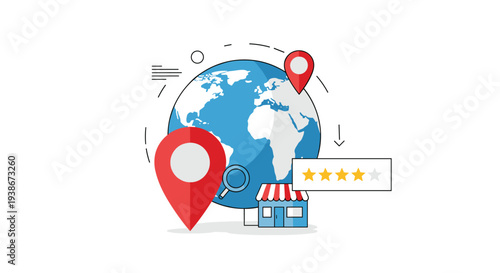 Global business and local search concept with a world globe map pins a storefront and a five-star rating for marketing.