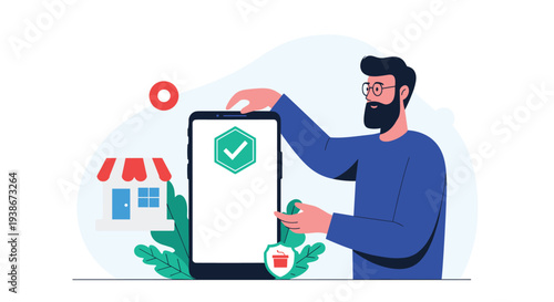 Bearded man holds a smartphone with a security check mark representing a safe and verified online store for e-commerce.