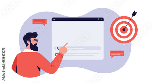 Man with a beard points at a search browser window next to a large target representing a targeted search or SEO strategy.