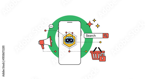 AI chatbot on a smartphone providing customer support for e-commerce including search shopping and marketing communication.