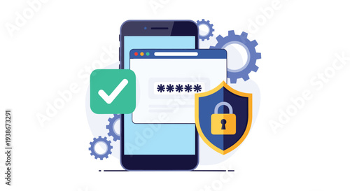 Mobile security concept with two-factor authentication showing a password entry field a shield and a checkmark on a smartphone.
