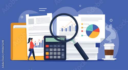 Financial audit and business analysis concept with a magnifying glass over documents charts a calculator and a businesswoman.