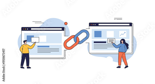 Website link building strategy for SEO with a man and woman connecting two browser windows with a large chain link symbol.