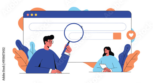 Man and woman using a search engine on a web browser with a magnifying glass to find and analyze information online together.