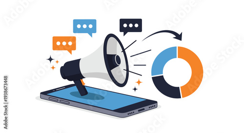 Mobile marketing and digital advertising concept with a megaphone and pie chart on a smartphone for audience communication.