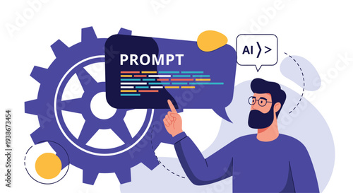Male developer writing a prompt for an AI code generator to automate software development and programming tasks efficiently.